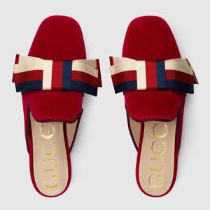 Gucci Red Velvet Sylvie Bow Slipper Mules Size 37